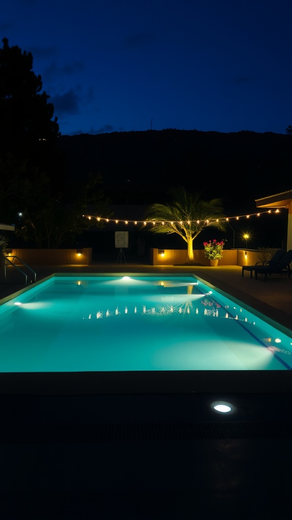 A beautifully lit pool area at night with string lights and underwater illumination.