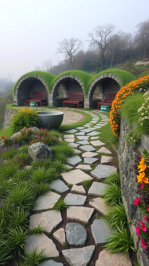 A picturesque stone pathway winding through a vibrant garden with seating areas.