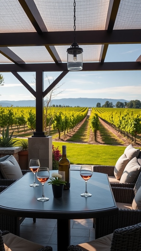 Elegant wine tasting patio with glasses of rosé, a bottle of wine, and a scenic view of grapevines.