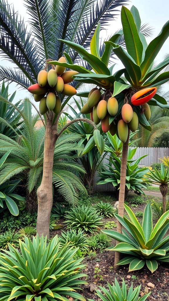 Exotic fruit trees in a tropical garden setting