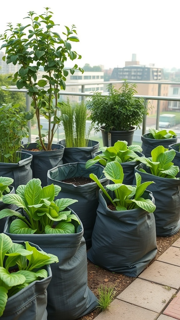 A collection of fabric grow bags filled with vibrant vegetables on a balcony