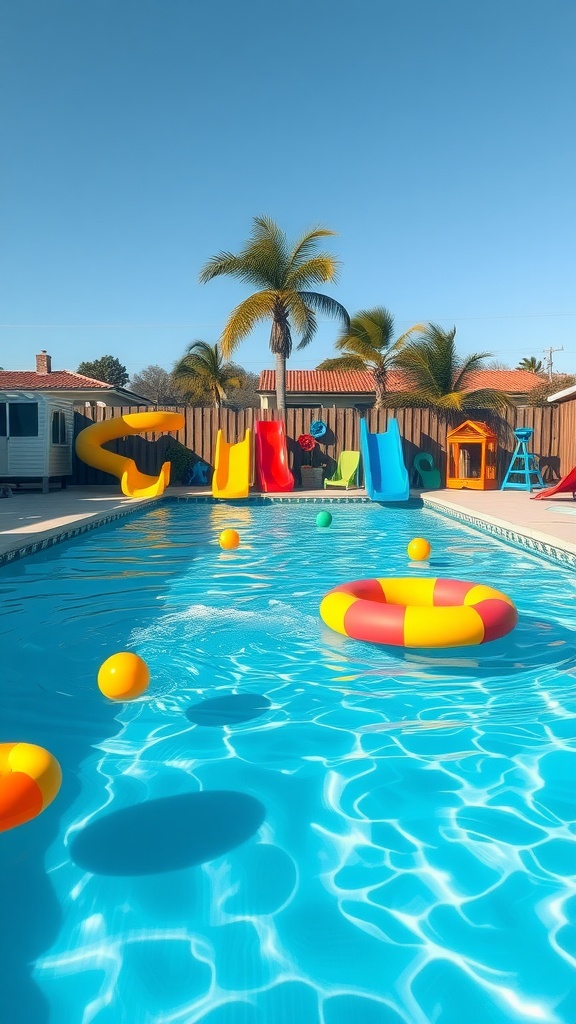 A vibrant family-friendly pool with colorful inflatables, a slide, and play areas.