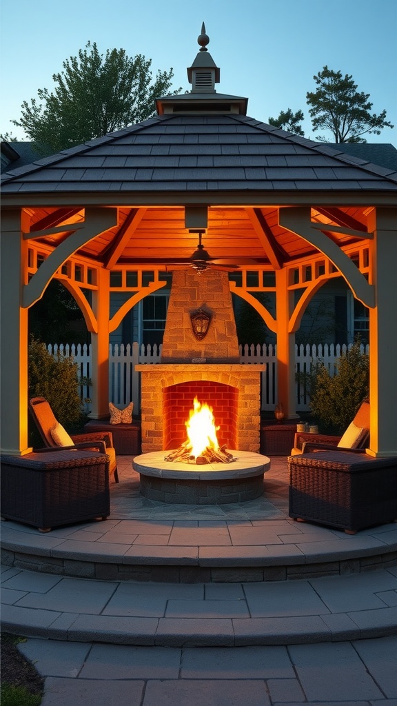 Cozy gazebo with a fireplace at the center, surrounded by comfortable seating and soft lighting