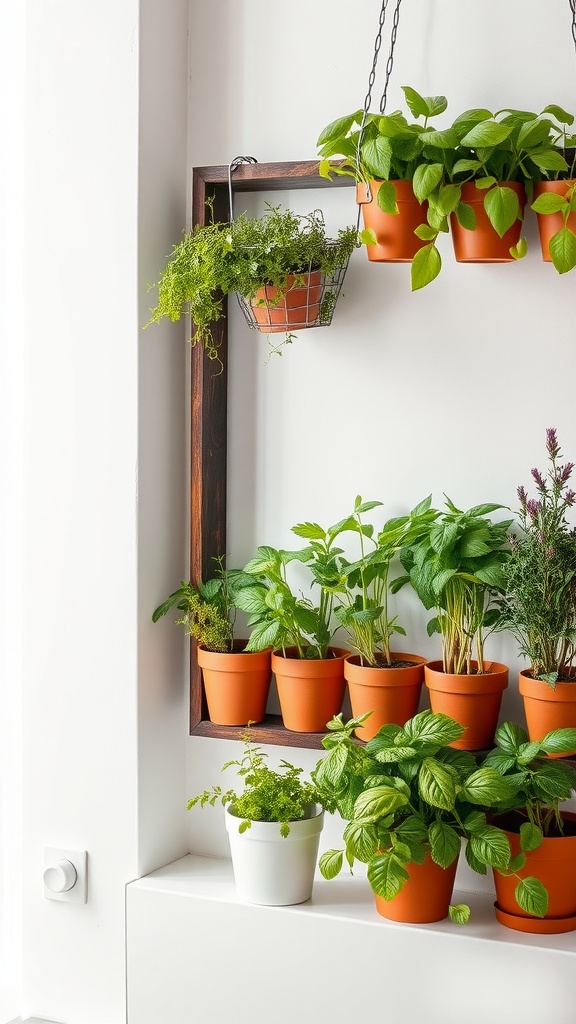 A beautifully arranged framed herb wall with various plants in terracotta pots.