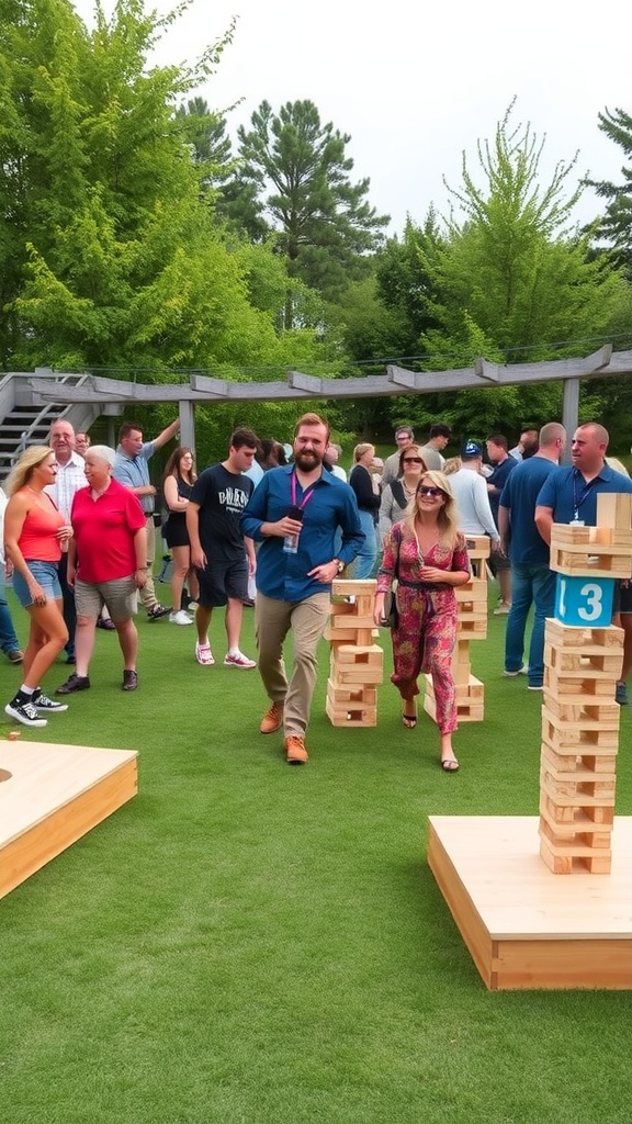 A lively outdoor gathering with people playing giant Jenga and enjoying activities on a green lawn.