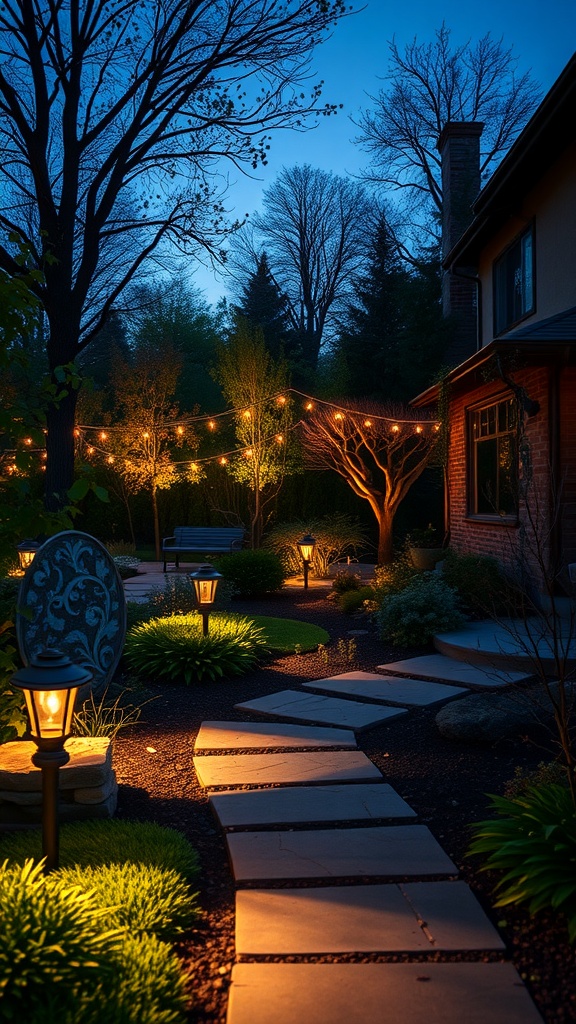 A well-lit outdoor pathway with lanterns and string lights at dusk, showcasing a welcoming ambiance.