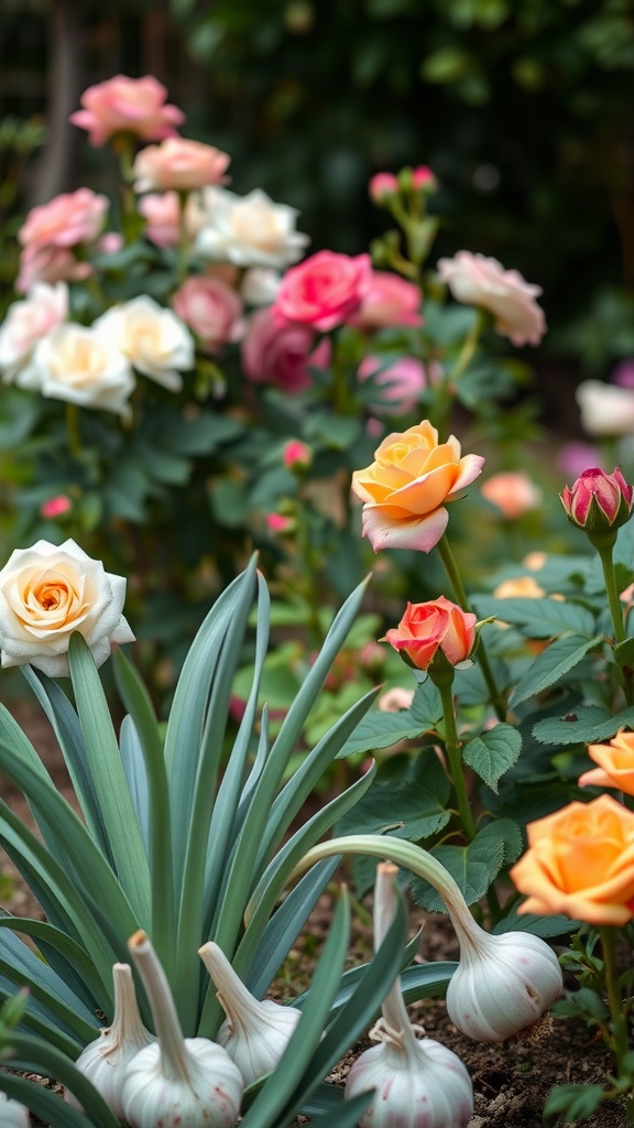 A garden featuring roses in various colors alongside garlic plants, showcasing companion planting.