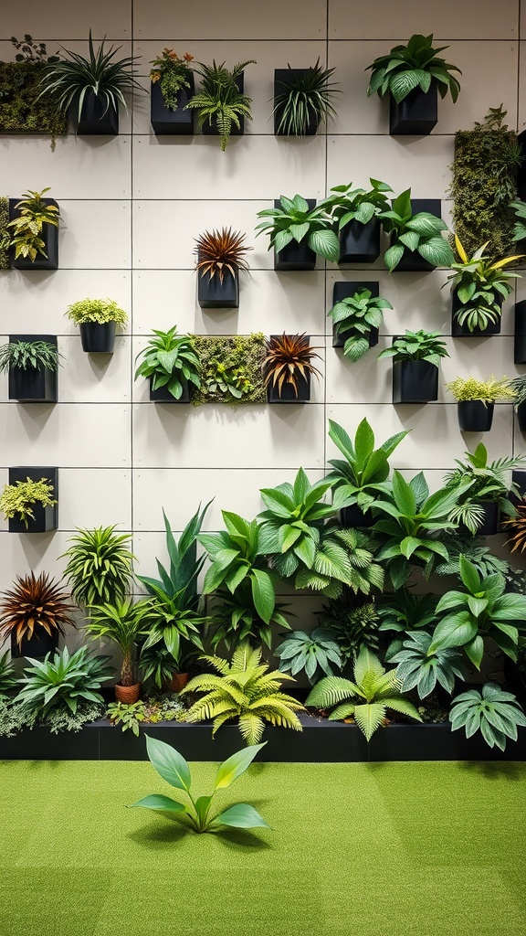 A geometric plant wall featuring various potted plants in a modern arrangement.