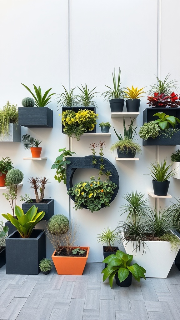 A stylish geometric planter wall featuring various plants in different shapes and colors.