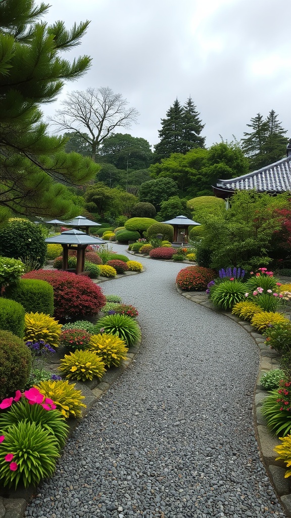 A peaceful garden featuring a winding gravel pathway surrounded by vibrant flowers and greenery.