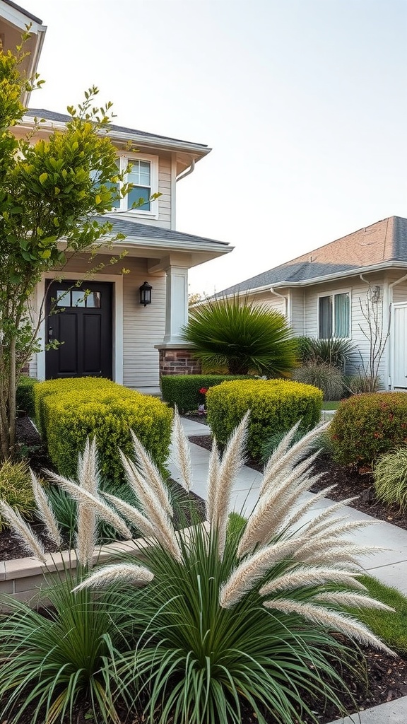 A front yard featuring low-maintenance greenery, including ornamental grass and trimmed bushes, enhancing curb appeal.