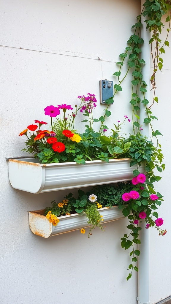 Colorful flowers in guttering planter boxes attached to a wall