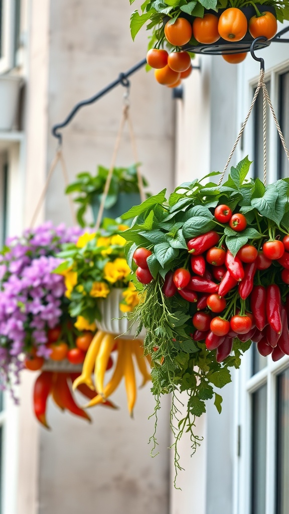 Colorful hanging baskets filled with tomatoes, peppers, and herbs