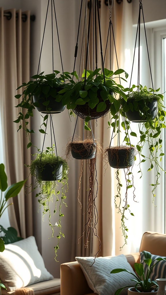 Hanging planters with lush green plants in a cozy indoor setting