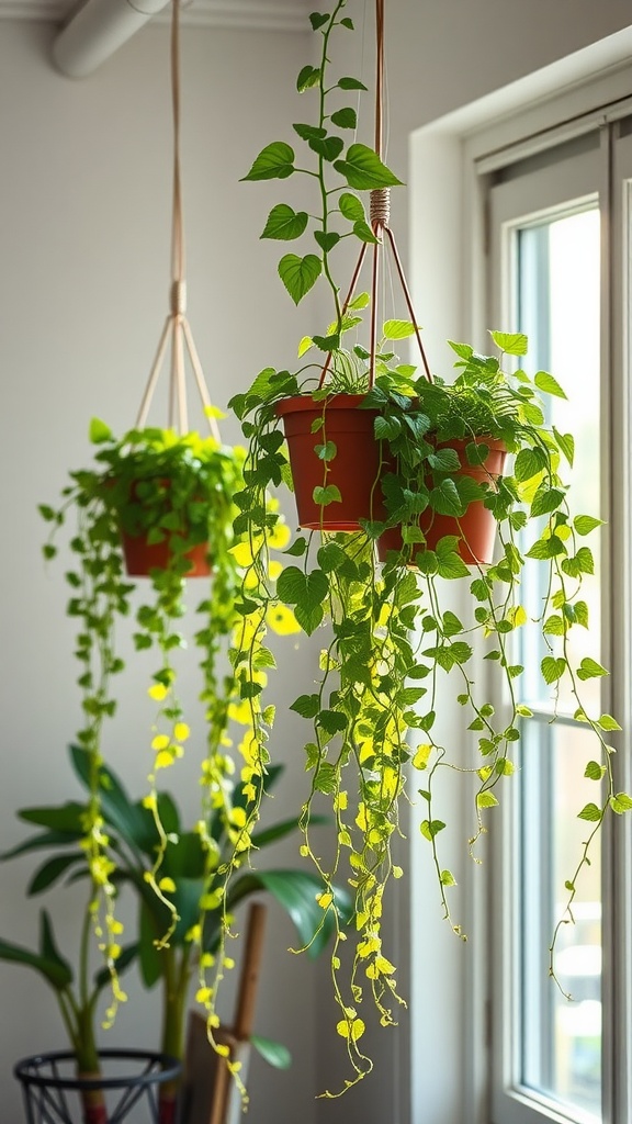 Hanging planters with lush trailing vines near a window.