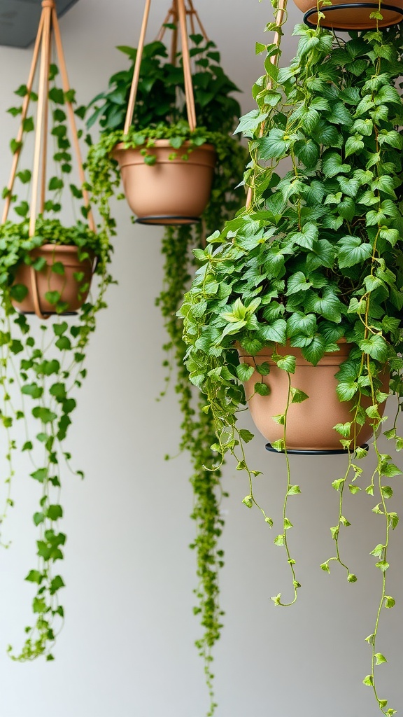 Hanging planters with lush trailing vines, adding greenery to a modern indoor space.