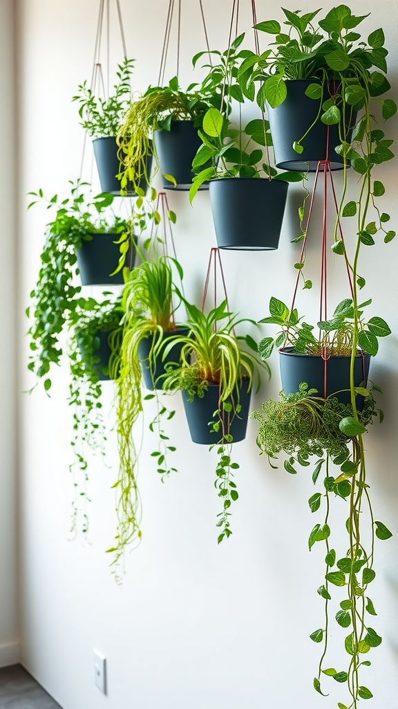 A collection of hanging pots with various green plants attached to a wall, displaying a vertical garden.