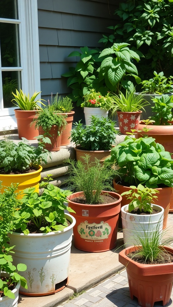 Various recycled containers with herbs growing in a sunny backyard