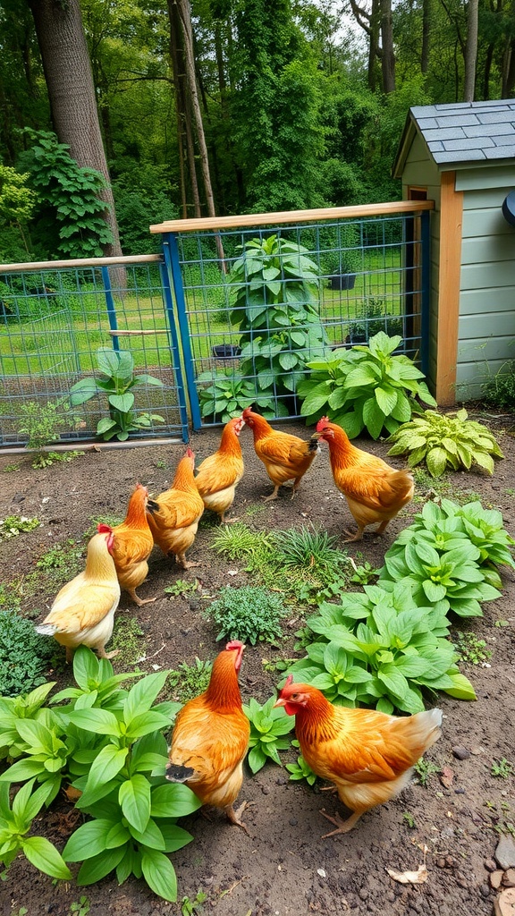 Chickens roaming near a herb spiral in a backyard garden.