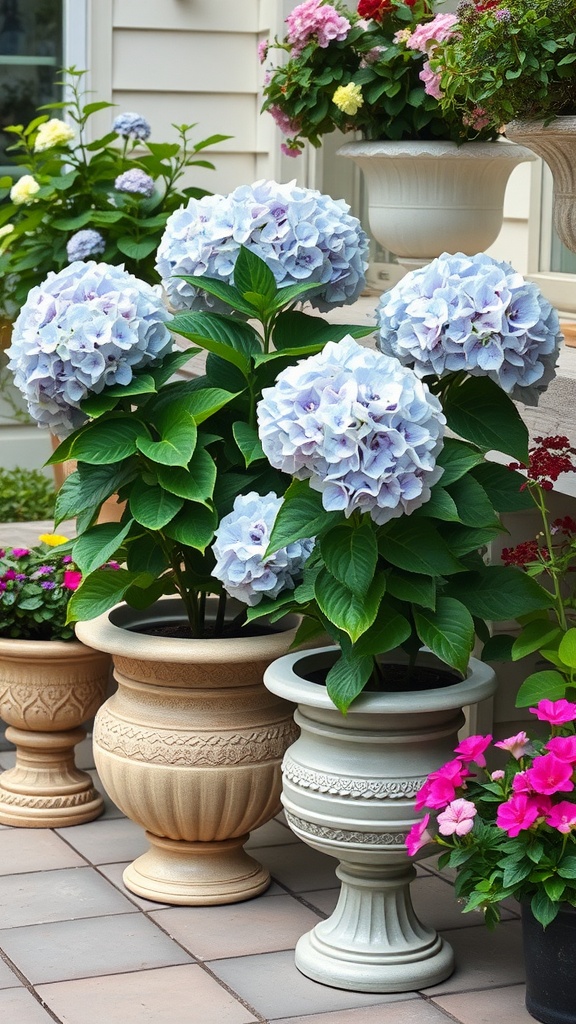 Container gardens filled with hydrangeas in various pots on a patio.