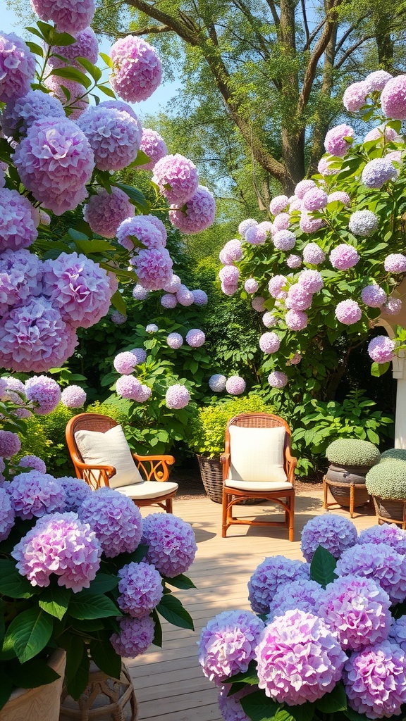 Outdoor seating area with hydrangeas, featuring cozy chairs and vibrant blooms.