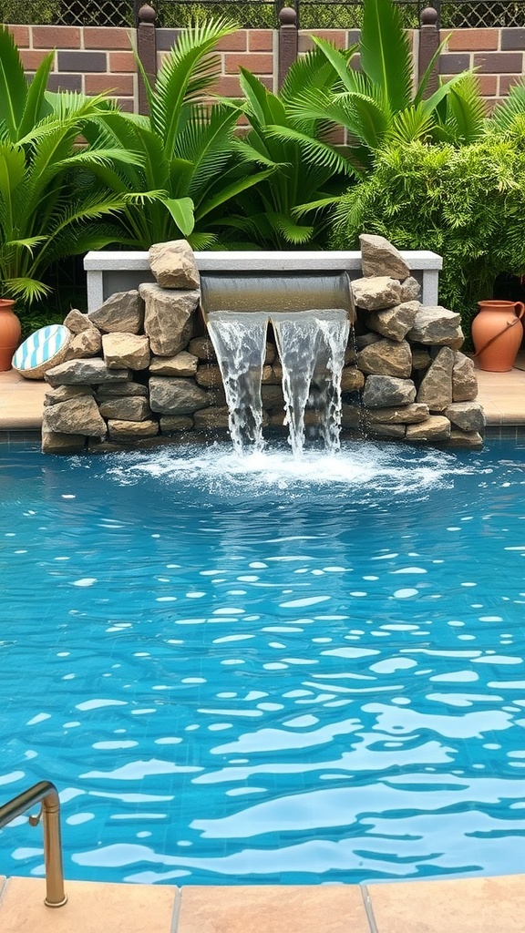 A pool with a waterfall surrounded by greenery.