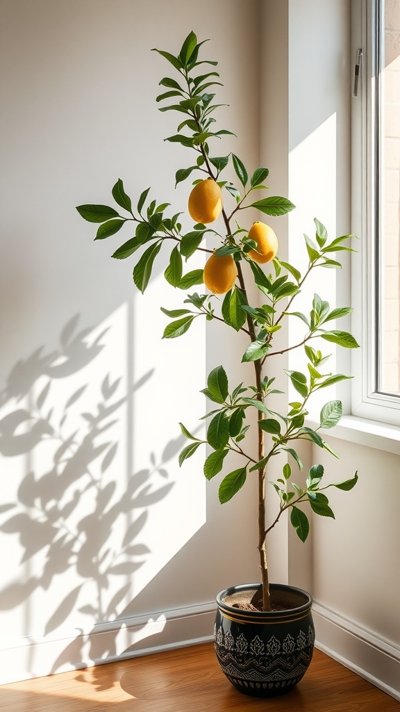 Indoor fruit tree with lemons in a decorative pot by a window.