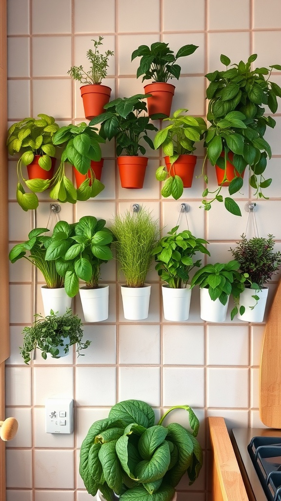 Indoor herb garden with various herbs in hanging pots on a wall.