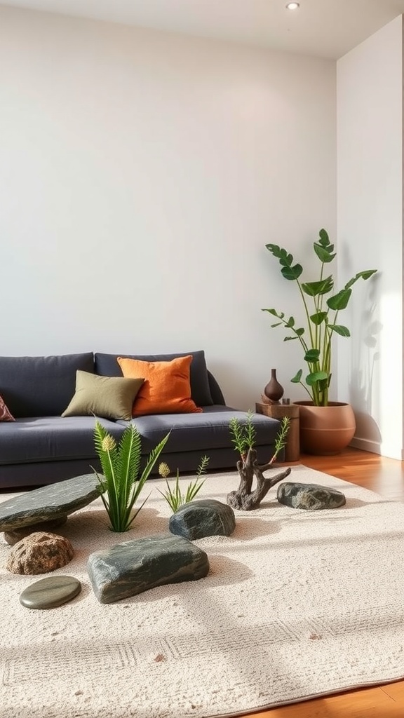 An indoor zen garden featuring stones and plants with a cozy couch in the background.