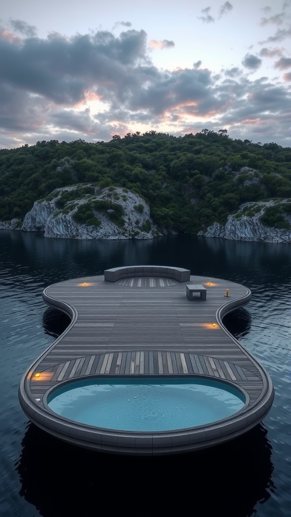 A scenic floating deck overlooking water and lush greenery.