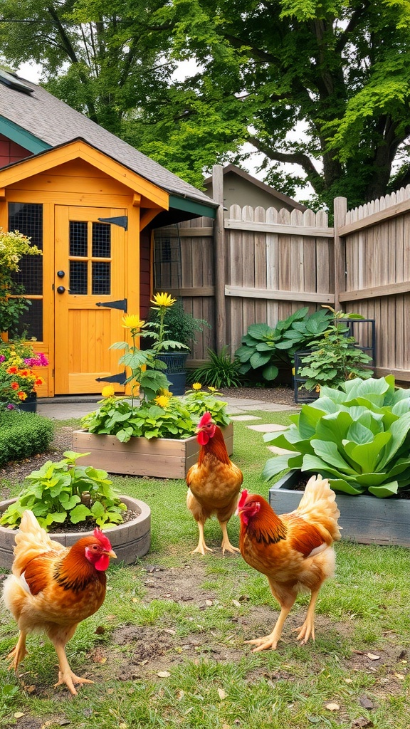 Chickens roaming in a backyard with a bright yellow chicken coop and raised garden beds full of greens and flowers.