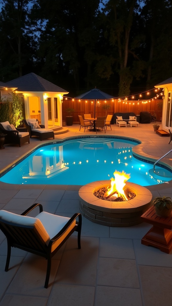 A backyard featuring a pool and a fire pit with seating, illuminated at night.