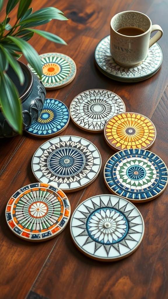 A collection of intricately designed mosaic coasters on a wooden table, with a cup of tea placed on one of the coasters.