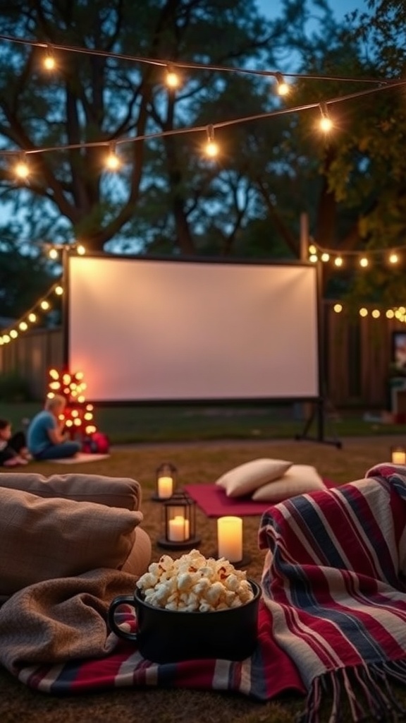 Cozy backyard movie night setup with blankets, pillows, popcorn, and string lights