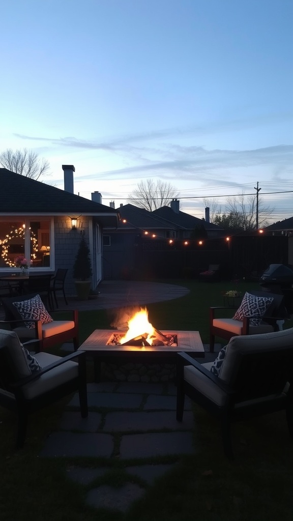 A cozy backyard fire pit setup with comfortable chairs and warm lighting