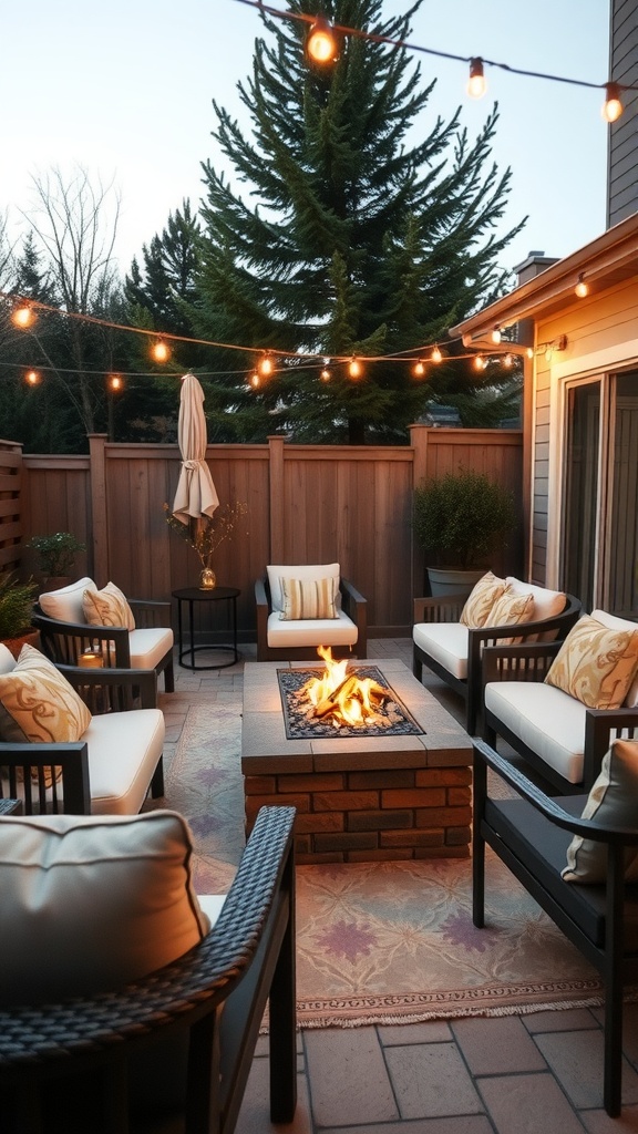 Cozy outdoor living space with seating and a fire pit.