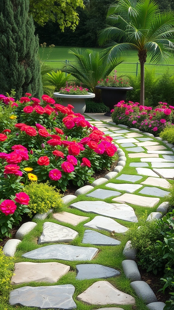 A beautifully landscaped pathway made of stones, bordered by vibrant pink flowers and lush greenery.