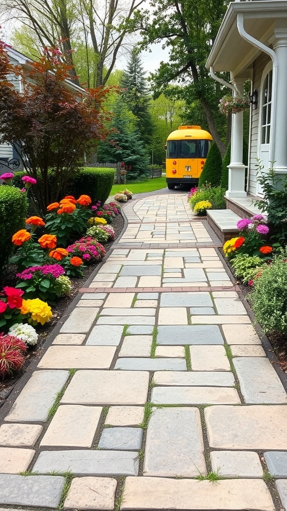 A charming stone walkway lined with colorful flowers leading to a house