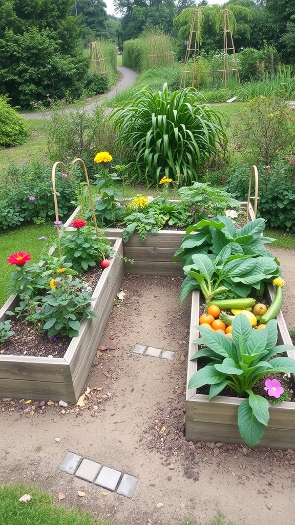 An L-shaped raised garden bed with various plants, flowers, and a walking path