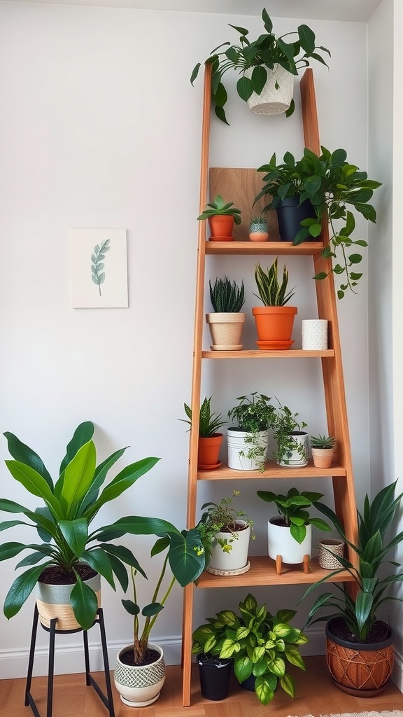 A wooden ladder shelf with various potted plants in different sizes and colors, placed against a wall.