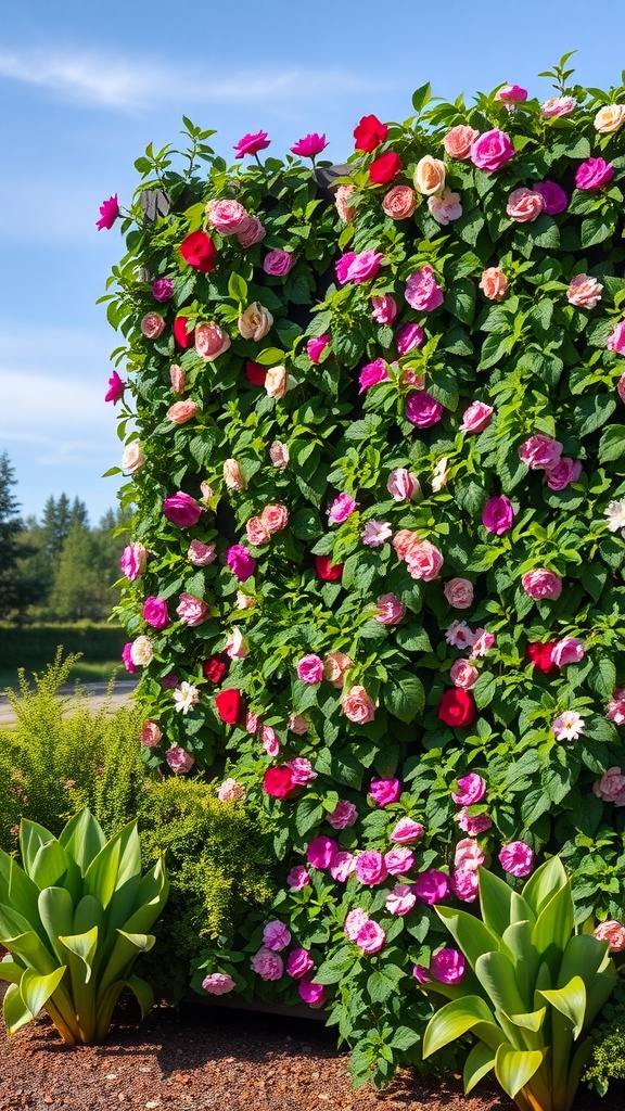 Vibrant living green wall adorned with roses and impatiens