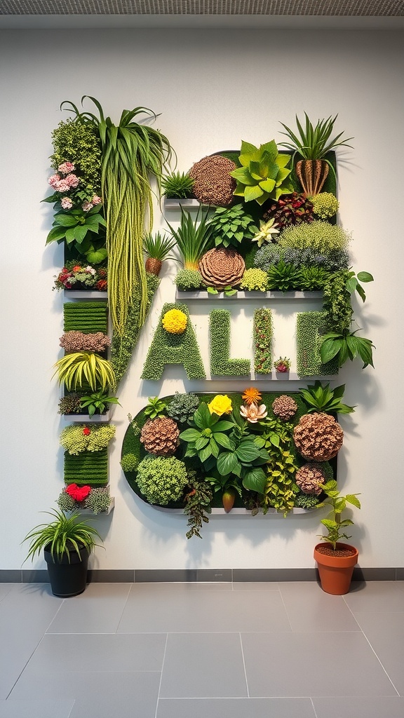 A vibrant living wall art installation featuring various plants arranged creatively.