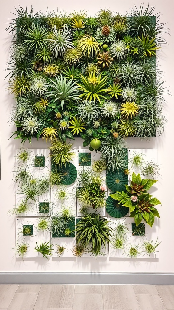 A vibrant living wall featuring a variety of air plants in different shapes and colors.