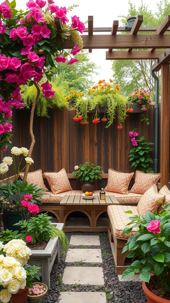 Cozy outdoor seating area surrounded by colorful flowers and greenery