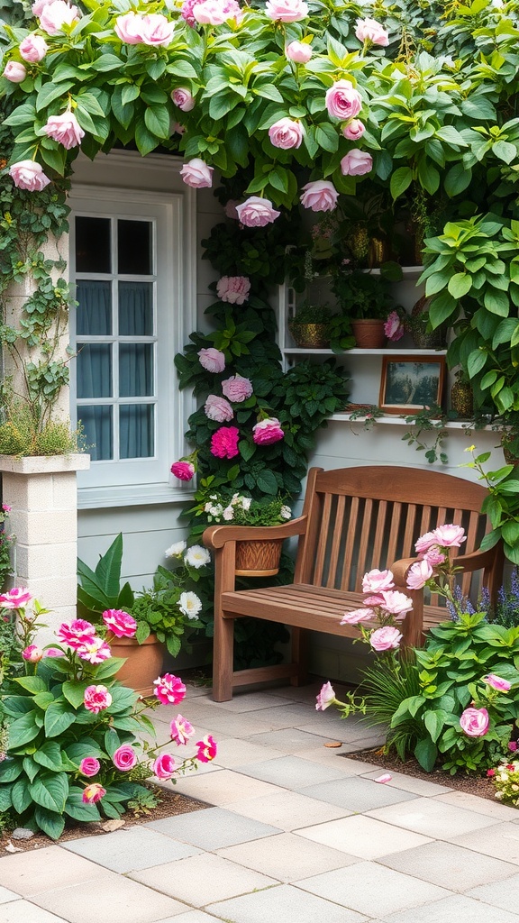 A cozy wooden bench surrounded by pink roses and lush greenery