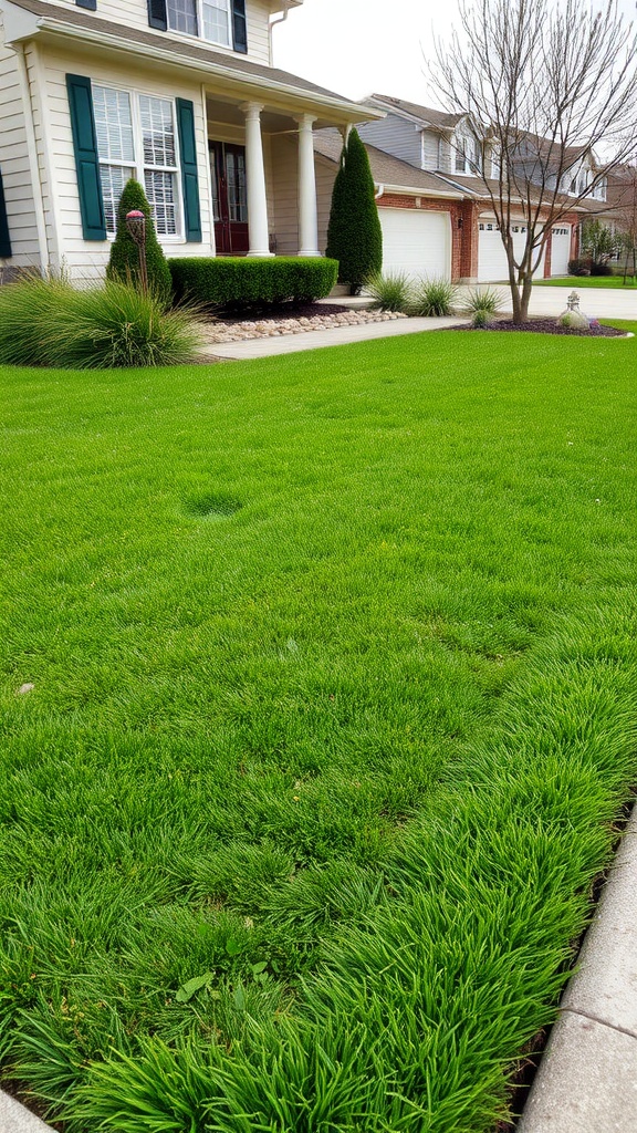 A vibrant green lawn in front of a house with landscaping elements.