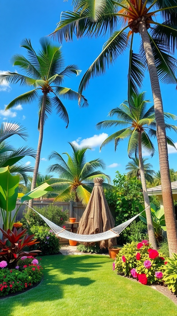 A backyard oasis with palm trees, a hammock, and vibrant flowers.