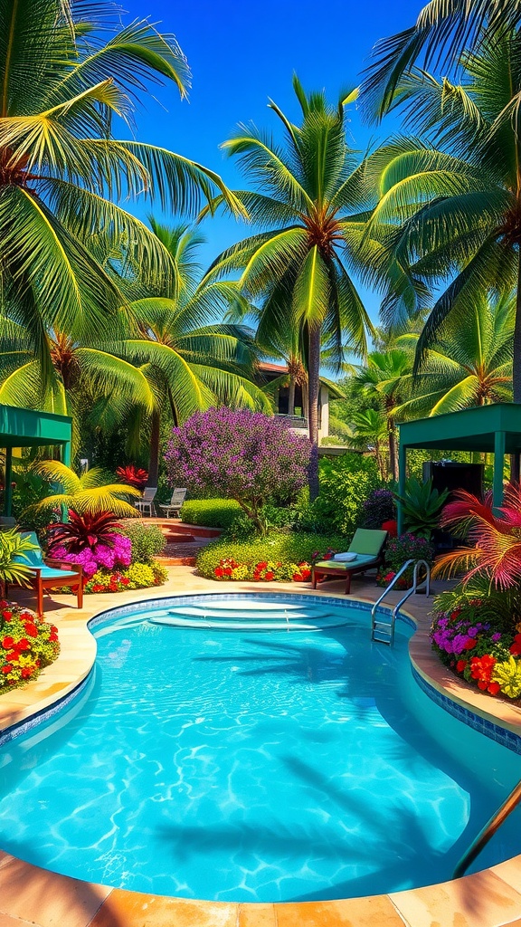 A beautiful pool surrounded by tropical plants and flowers.