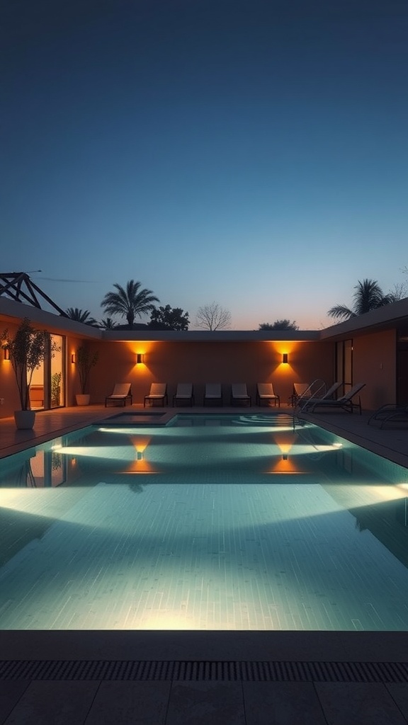 Luxury poolside area with lighting at dusk