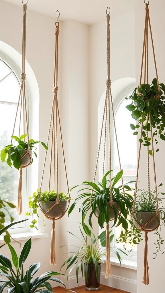 Three macramé plant hangers with various plants hanging near a window.